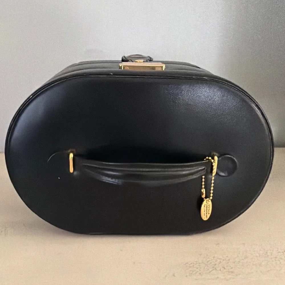 Wolf Designs Black Genuine Leather Oval Jewelry Box with Drawers & Travel Case
